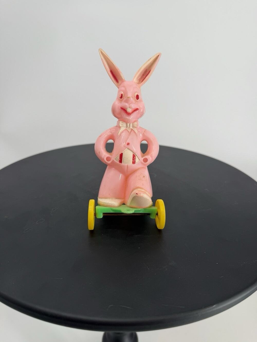 Vintage Rosbro Easter Pink Plastic Bunny Pull Toy Candy Container on Wheels